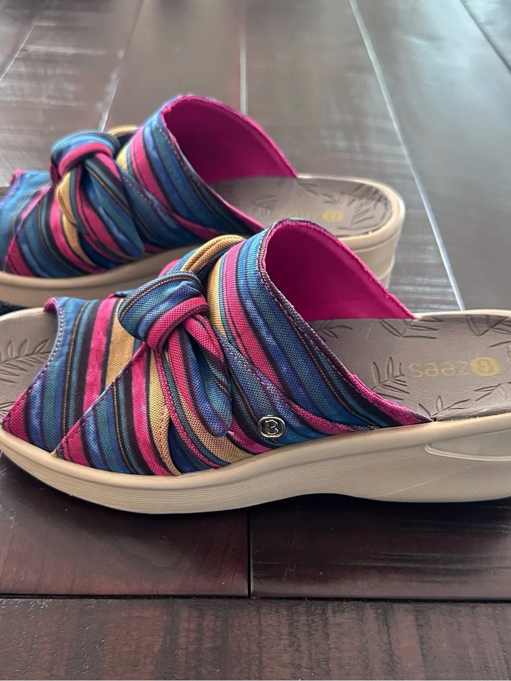 Bzees Striped Knot Slide Sandals - Blue, Pink, Gold